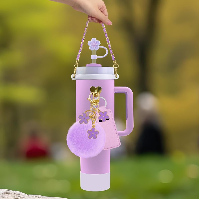 Velaco 11 PCS Accessories for Stanley Cup, Water Bottle Handle Strap for Stanley 30/40 oz tumbler with handle, including Straw Toppers, Silicone Cup Boot, Keychain Charms - Purple - Image 3